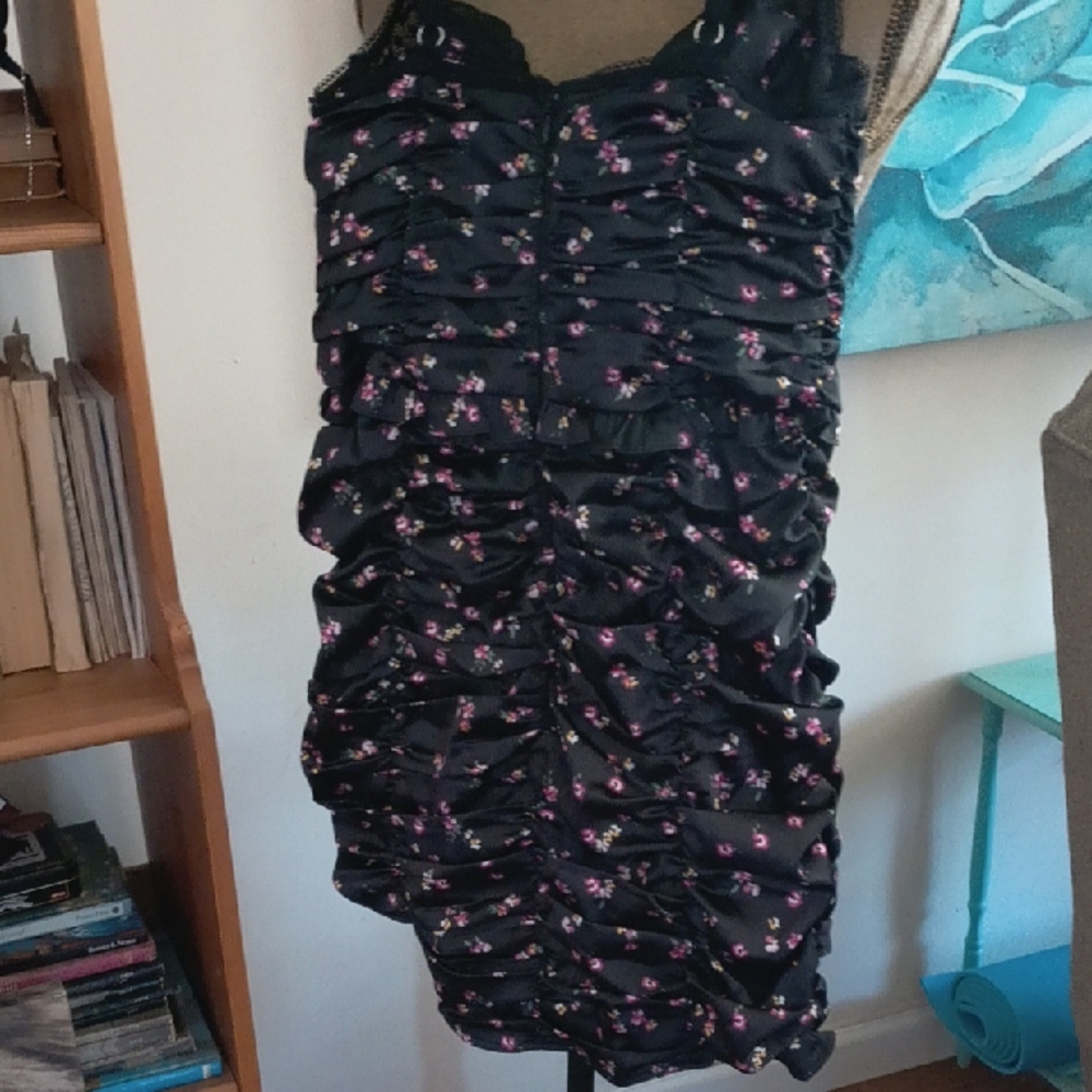 For Love And Lemons Ruched Black Dress with Pink Floral Accents - Picture 6 of 7